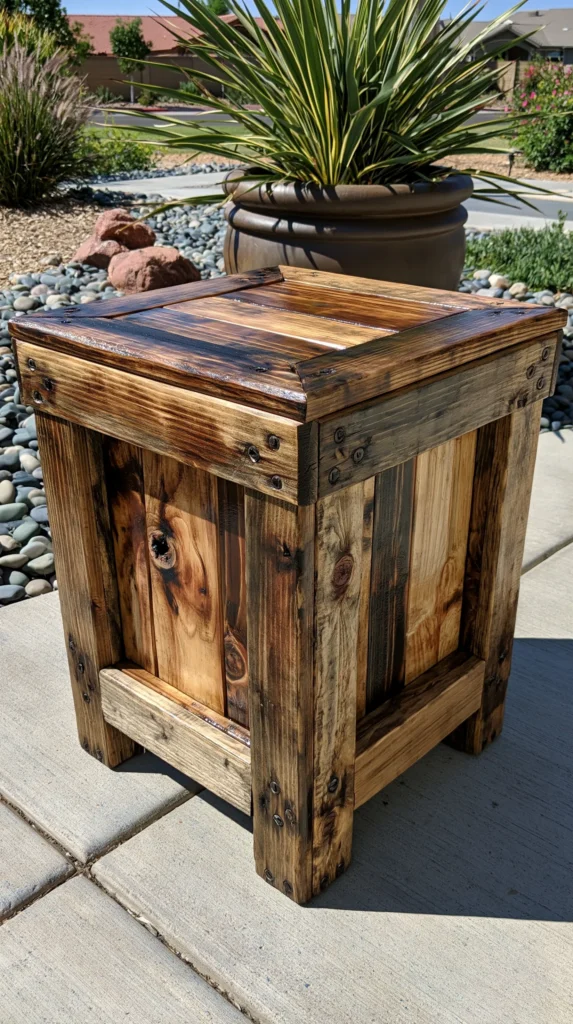 custom wooden outdoor side table made from pallet wood