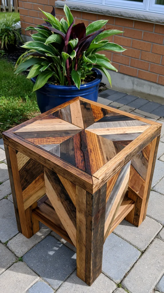 custom wooden outdoor side table made from pallet wood, multiple stains
