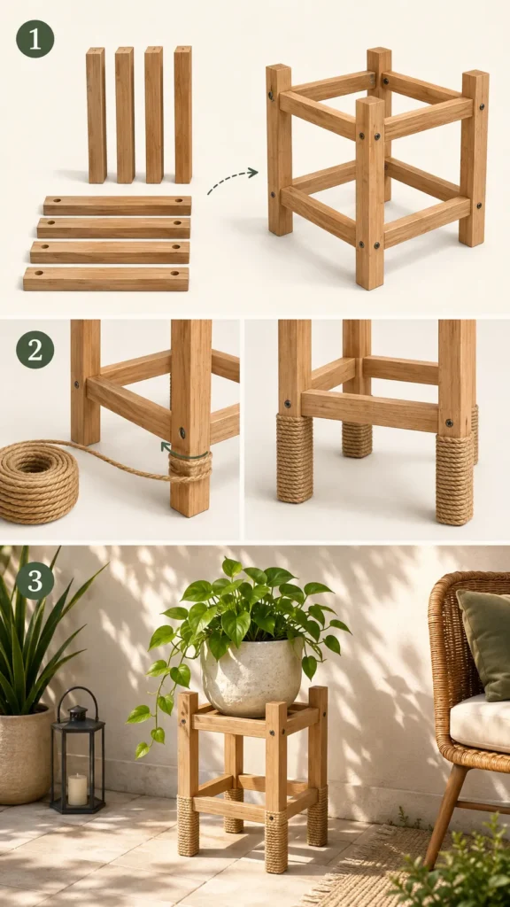 Three-panel instructional illustration showing DIY plant stand steps: panel 1, a simple wood frame being assembled; panel 2, wrapping outdoor rope tightly around the frame legs; panel 3, finished plant stand holding a potted plant on a sunlit patio corner. Minimal flat design style, earthy neutral tones, small numbered step markers, clean background