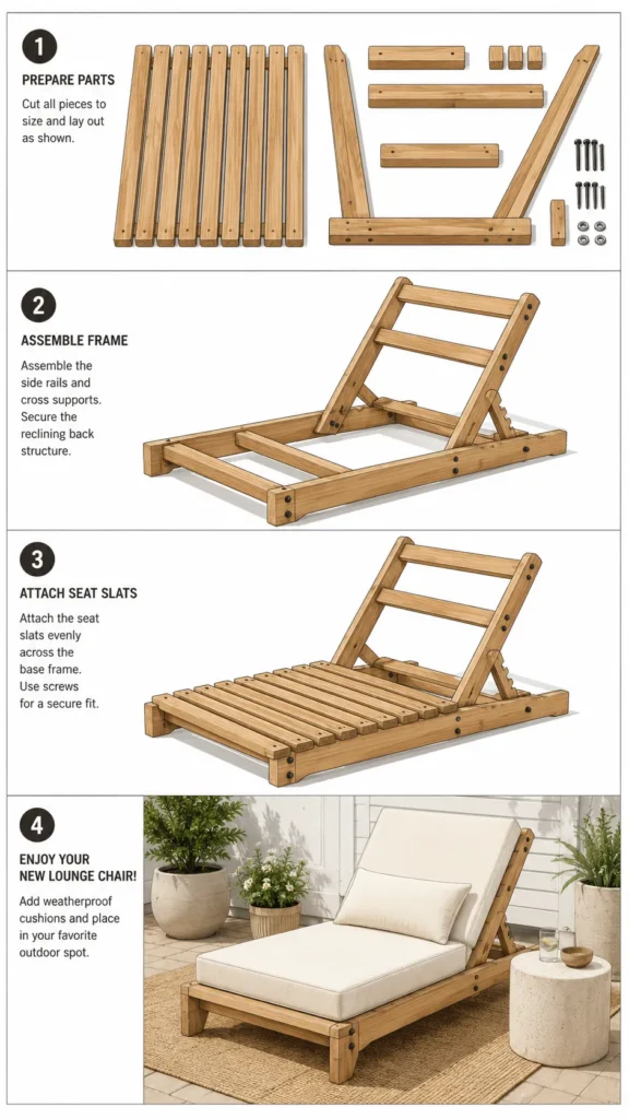 Four-panel instructional diagram showing DIY lounge chair build: panel 1, wood slats cut and laid out for the frame; panel 2, assembling the angled slanted backrest; panel 3, attaching the seat slats to the base frame; panel 4, finished lounge chair with weatherproof cushions on a patio. Flat illustrated line art, warm wood and cream tones, numbered steps, soft natural lighting, white background