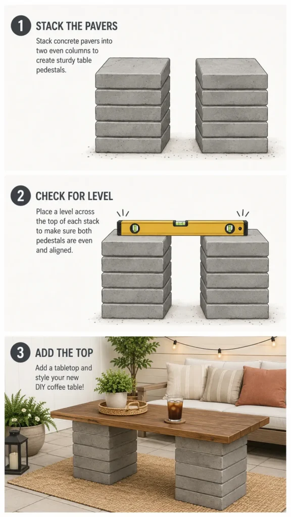 Three-panel instructional illustration showing DIY coffee table steps: panel 1, stacking concrete pavers into two even columns; panel 2, checking the stacks for level with a small tool; panel 3, finished coffee table with a wood or glass top and a drink on top, styled patio background. Clean flat design, muted gray and wood tones, numbered labels, minimal shadows