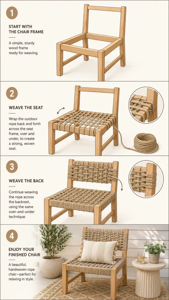 Four-panel instructional diagram showing DIY rope chair steps: panel 1, a plain wood chair frame; panel 2, wrapping outdoor rope around the seat area in a woven pattern; panel 3, wrapping rope around the backrest section; panel 4, finished rope-wrapped accent chair styled with a throw pillow on a patio. Flat illustrated style, warm neutral tones, numbered steps, soft even lighting