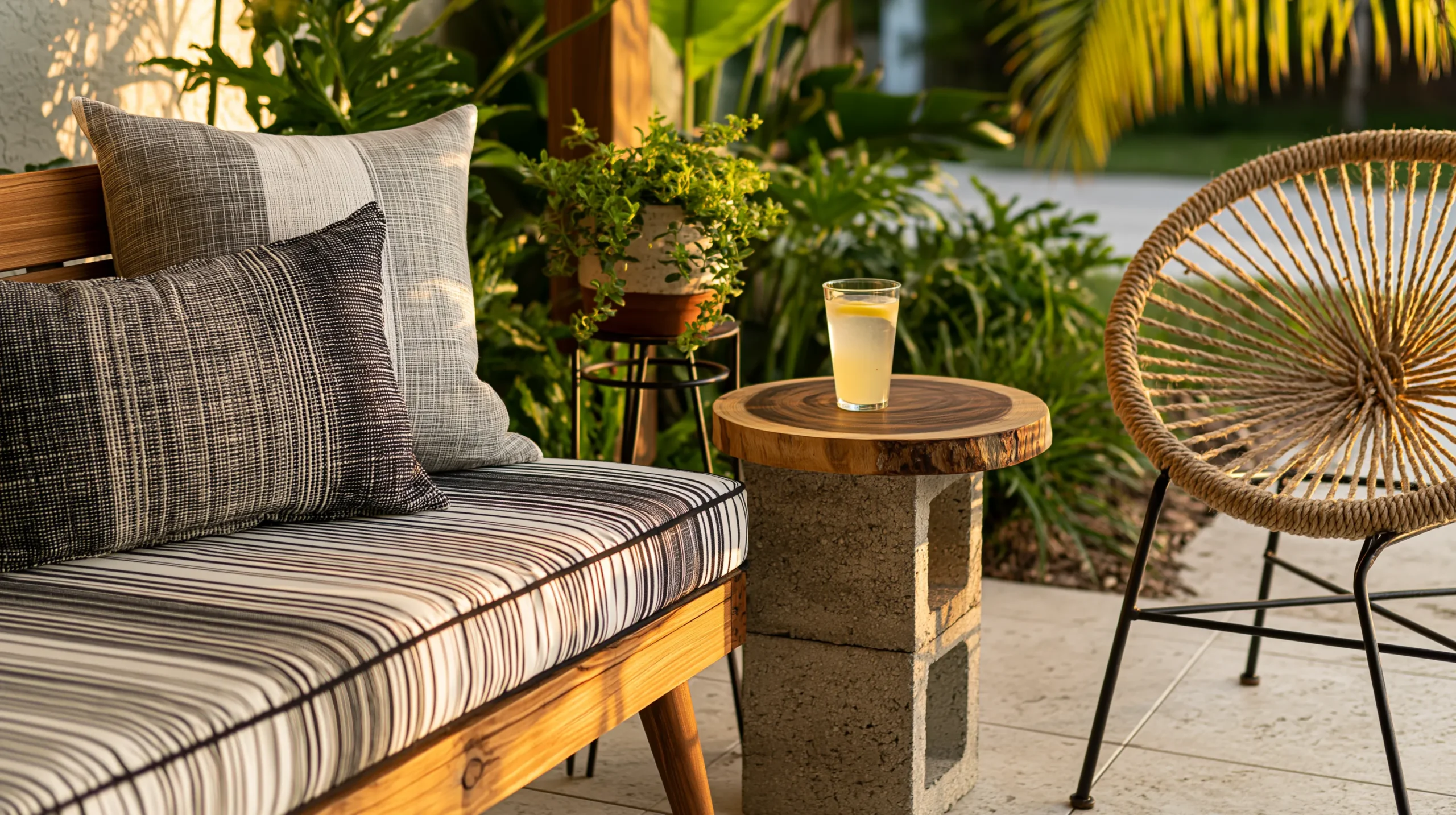 Cozy sunlit patio corner styled with DIY furniture: a wood bench with striped outdoor cushions, a cinder block side table topped with a round wood slab holding a lemonade glass, a rope-wrapped accent chair, and a small plant stand with potted greenery, warm golden hour lighting, lush green plants and a hint of Florida palm leaves in the background, photorealistic lifestyle photography, shallow depth of field, inviting and warm color palette, magazine-quality DIY home blog aesthetic