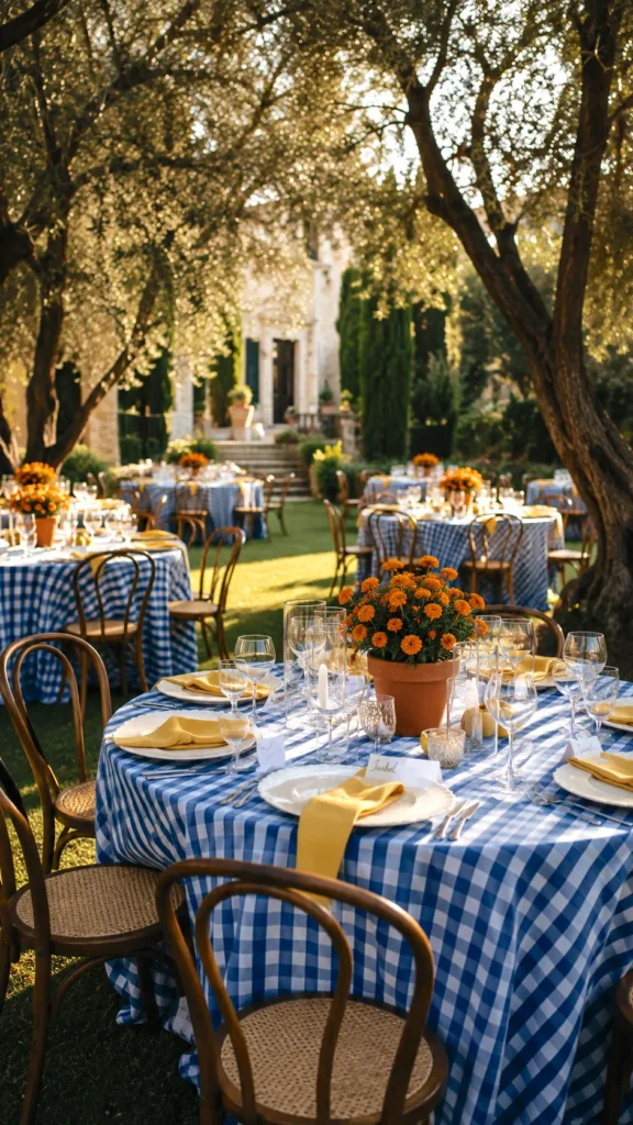 Outdoor garden wedding reception with blue and white checkered tablecloths, yellow napkins, orange marigolds in terracotta pots, and vintage bistro chairs beneath mature trees