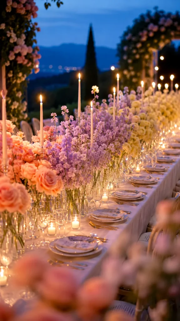 Elegant outdoor wedding table lined with coral roses, purple lavender, and tall taper candles glowing at dusk, mountains visible beyond