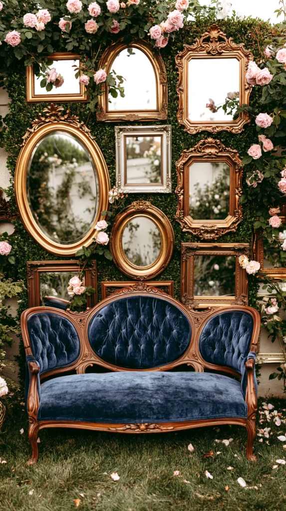 Blue velvet vintage sofa positioned in front of ornate gold and wooden framed mirrors surrounded by lush green ivy and pink roses