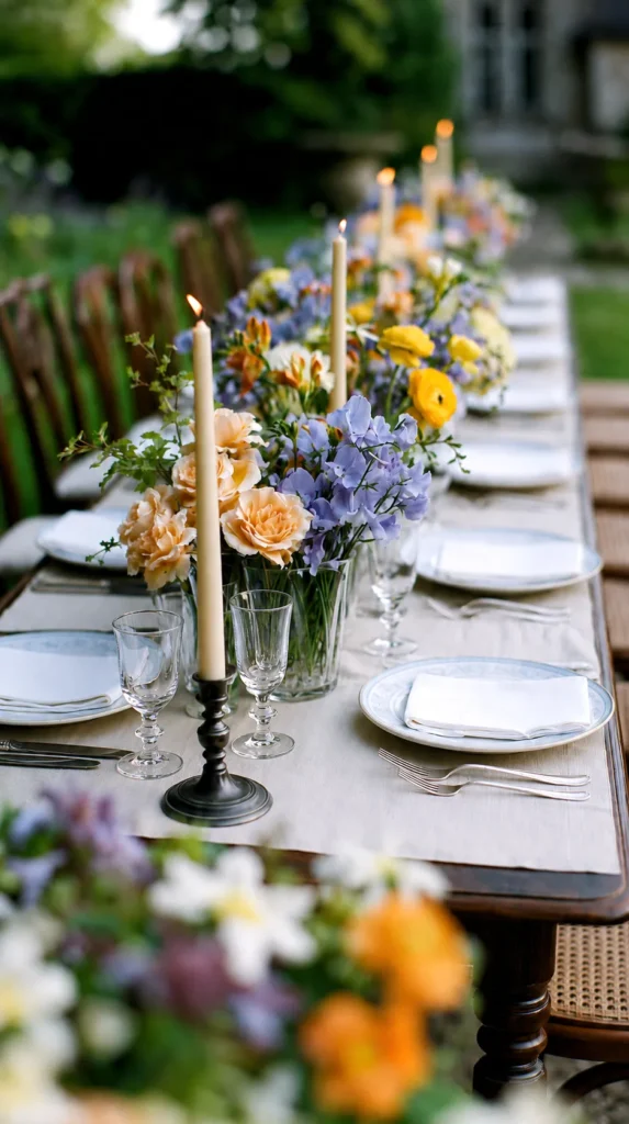 Long table set for outdoor dinner with blue hydrangeas, yellow roses, and peach flowers in glass vases, black candlesticks, white plates, and garden backdrop