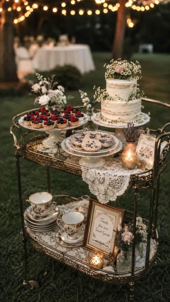 Tiered dessert cart with berry tarts, decorated cake, and cookies on an outdoor lawn at evening, with string lights and tables in background