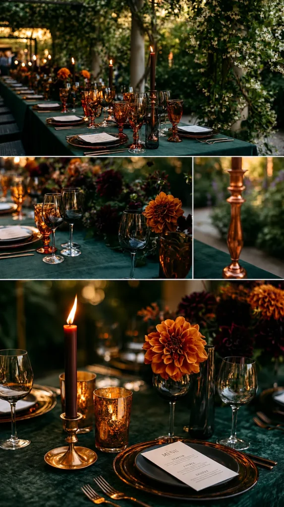 Long outdoor dinner table with emerald runner, amber glassware, bronze candleholders, and orange dahlia flowers nestled among ivy-covered trees at golden hour