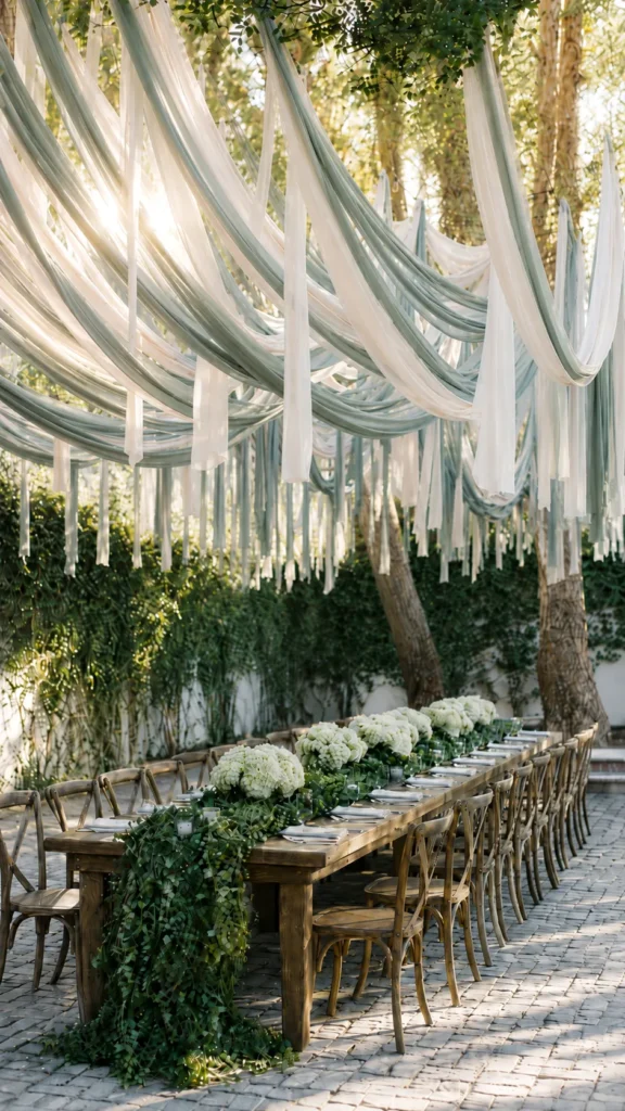 Elegant outdoor garden wedding setup with flowing white and sage green fabric canopy overhead, long wooden table decorated with white hydrangeas and climbing ivy, and wooden bistro chairs on a stone patio