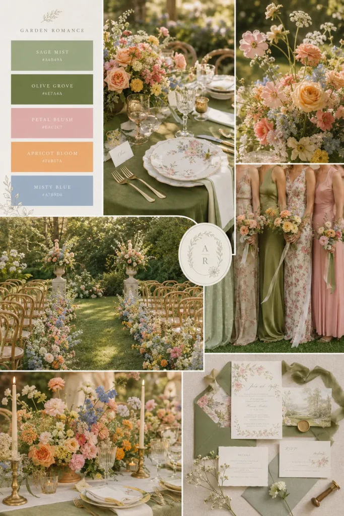 Garden Romance wedding mood board with sage, blush, and apricot florals, table settings, bridesmaid dresses, and stationery