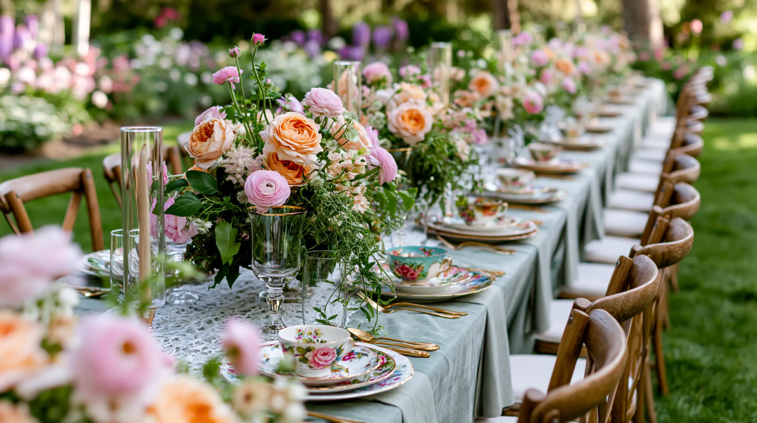 Long outdoor dining table with pale blue linens, floral place settings, and lush centerpieces of peach roses and pink ranunculus in a garden setting