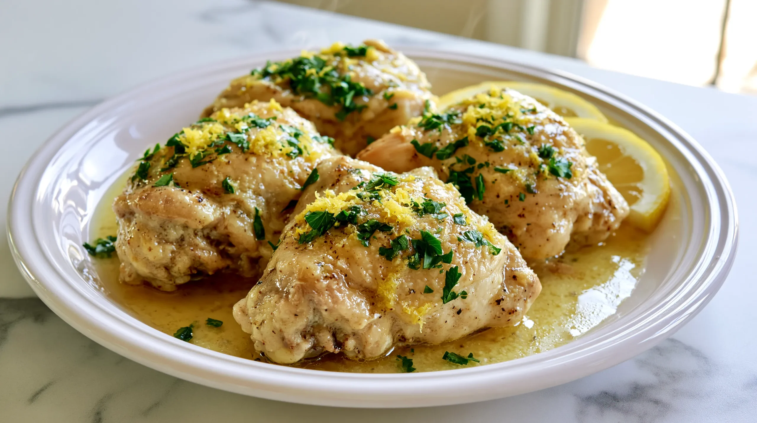 Overhead food photography of crockpot lemon chicken, four glossy fall-apart tender boneless chicken thighs on a simple white ceramic dinner plate, pale golden butter-lemon sauce pooling around the meat, scattered fresh lemon zest and chopped flat-leaf parsley on top, two thin lemon slices tucked beside the chicken, white marble kitchen counter with soft gray veining, bright natural window light, shallow depth of field, steam rising gently, clean airy home kitchen background softly blurred, editorial food blog style