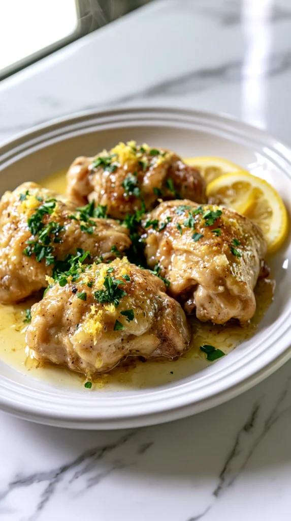 Overhead food photography of crockpot lemon chicken, four glossy fall-apart tender boneless skinless chicken thighs on a simple white ceramic dinner plate, pale golden butter-lemon sauce pooling around the meat, scattered fresh lemon zest and chopped flat-leaf parsley on top, two thin lemon slices tucked beside the chicken, white marble kitchen counter with soft gray veining, bright natural window light, shallow depth of field, steam rising gently, clean airy home kitchen background softly blurred, editorial food blog style
