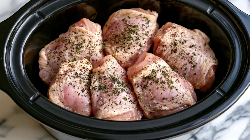 Overhead shot of raw seasoned boneless skinless chicken thighs arranged in a single layer inside a black oval slow cooker, visible flecks of dried Italian herbs and cracked pepper on the pink meat, white marble counter surrounding the crockpot, warm natural kitchen light, realistic home cooking scene, food blog process photo, clean and simple composition