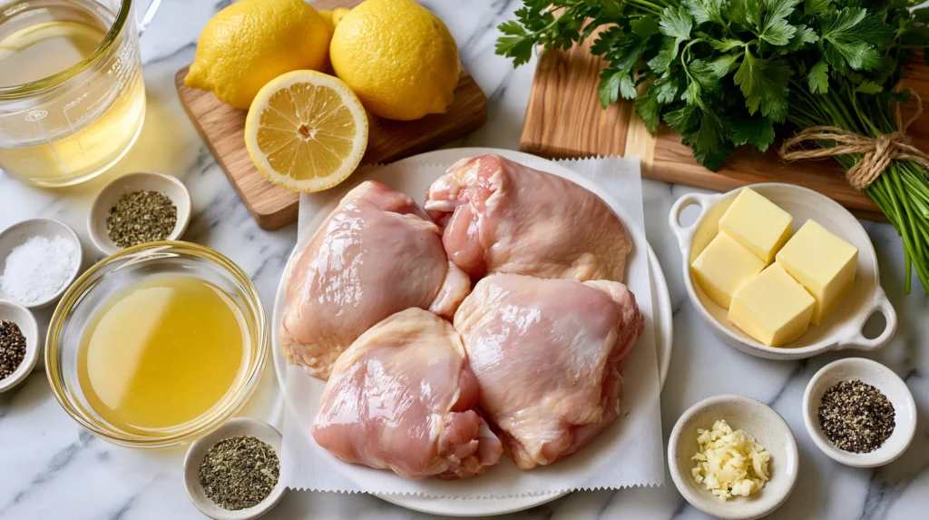 Overhead flat lay of recipe ingredients on white marble counter, each ingredient in its own small dish, raw skinless chicken thighs with smooth matte pale pink flesh on a white parchment-lined plate, two whole bright yellow lemons and one halved lemon on a small wooden board, glass bowl of golden lemon juice, four pats of pale yellow butter on a small white ceramic dish, minced garlic in a tiny pinch bowl, separate small pinch bowls of dried Italian seasoning, salt and cracked black pepper, glass measuring cup of light golden chicken broth, fresh parsley bunch tied with twine on the board, soft natural daylight, organized clean food blog styling, muted airy tones