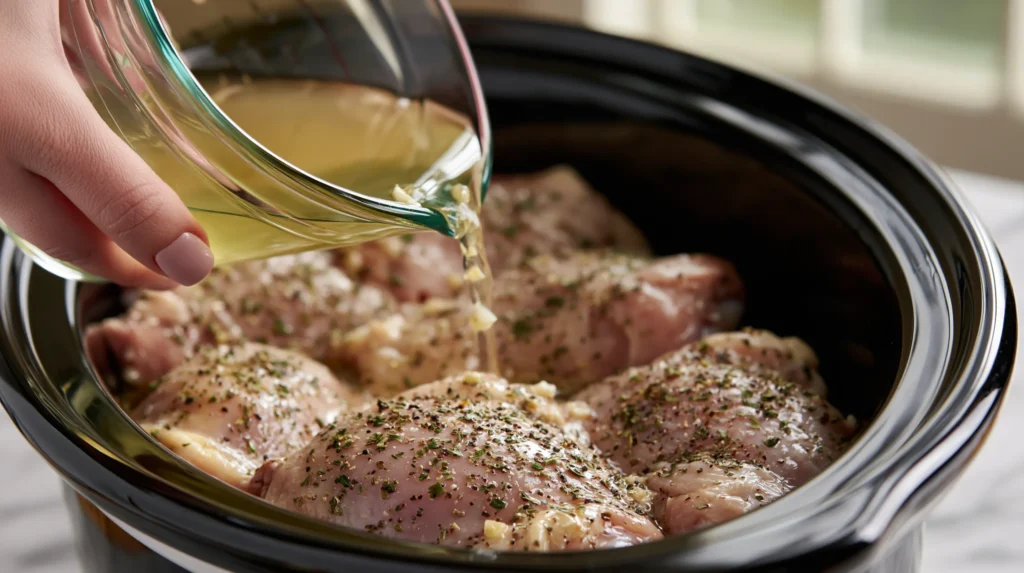 Close-up action shot of a female manicured hand pouring pale golden lemon garlic broth from a glass measuring cup over raw seasoned boneless skinless chicken thighs in a black slow cooker, chicken with smooth matte pale pink flesh visibly flecked with dried Italian herbs and cracked black pepper, tiny minced garlic pieces visible in the liquid stream, chicken in a single flat layer with only a shallow pool of liquid forming, no butter, white marble counter, soft daylight from a kitchen window, motion captured mid-pour, cozy home cooking photography, shallow depth of field