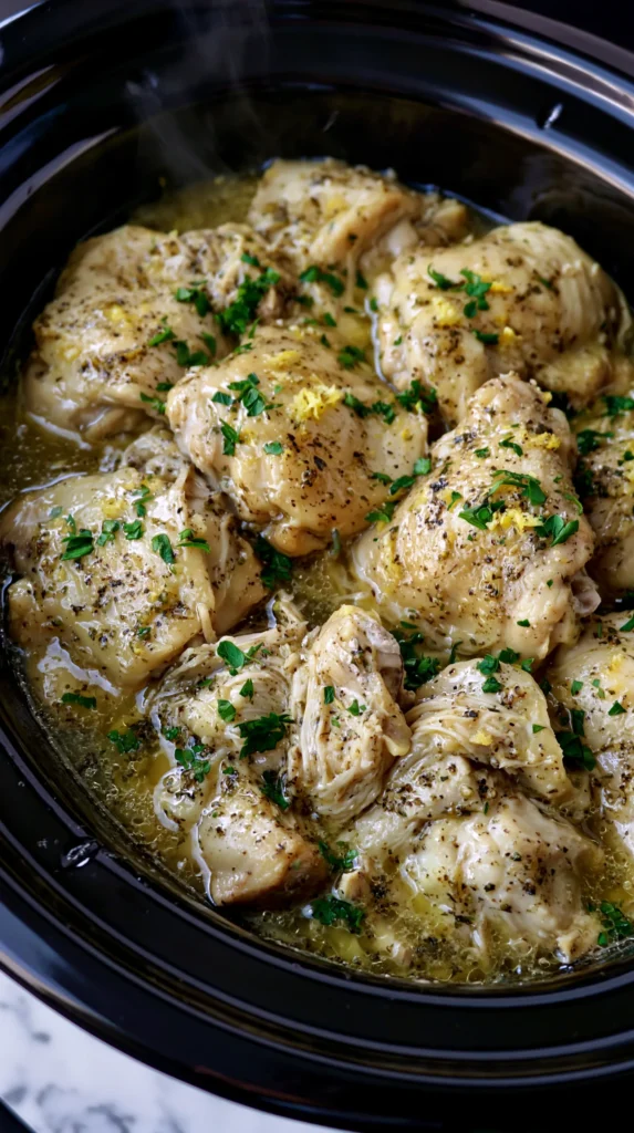 Overhead view inside a black slow cooker of fully cooked lemon chicken, tender pale golden boneless skinless chicken thighs partially shredded in the black crockpot, glossy translucent pale yellow butter-lemon sauce pooling around the meat, thin sauce with visible sheen not creamy, fresh bright lemon zest and chopped parsley sprinkled on top, steam rising, white marble counter edge visible, warm natural light, realistic budget home cooking scene, food blog photography