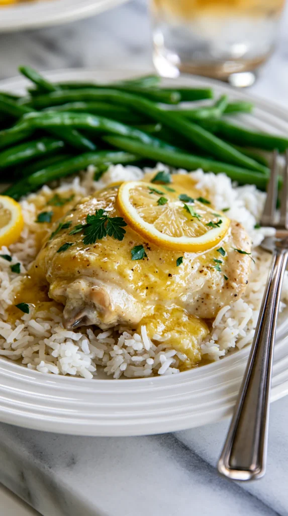 45-degree angle food photography of a white dinner plate with fluffy white rice, one tender boneless skinless lemon chicken thigh, and bright steamed green beans, golden butter-lemon sauce spooned generously over both the chicken and rice, garnished with parsley and a thin lemon slice, fork resting on the plate edge, white marble counter, glass of iced water blurred in background, bright cheerful natural light, cozy family dinner mood, editorial food blog style