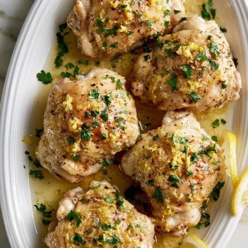 Directly overhead 90-degree top-down food photography of crockpot lemon chicken on a white ceramic serving platter, five pale golden fall-apart tender boneless skinless chicken thighs, glossy translucent pale yellow butter-lemon sauce pooling around the meat, thin sauce with visible sheen not creamy, scattered fresh lemon zest and chopped flat-leaf parsley, two thin lemon slices tucked at the platter edge, white marble kitchen counter with soft gray veining, bright natural window light, clean airy food blog styling