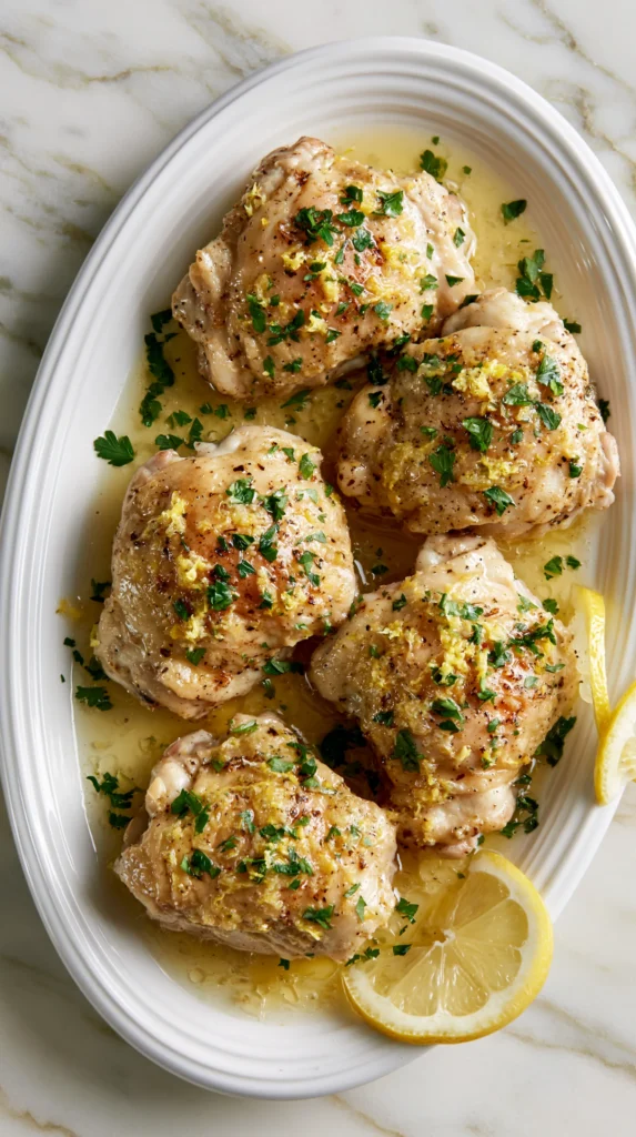 Directly overhead 90-degree top-down food photography of crockpot lemon chicken on a white ceramic serving platter, five pale golden fall-apart tender boneless skinless chicken thighs, glossy translucent pale yellow butter-lemon sauce pooling around the meat, thin sauce with visible sheen not creamy, scattered fresh lemon zest and chopped flat-leaf parsley, two thin lemon slices tucked at the platter edge, white marble kitchen counter with soft gray veining, bright natural window light, clean airy food blog styling