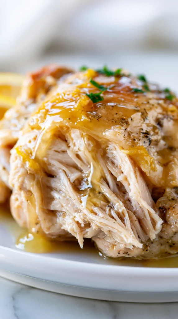 Extreme close-up macro food photography of one tender pale crockpot lemon chicken thigh gently pulled apart to show juicy shreddable texture, moist pale meat strands, glossy translucent golden butter-lemon sauce dripping from the meat, fresh lemon zest and parsley flecks on the surface, bright white plate, soft blurred white marble and airy white kitchen background, bright natural daylight, light and fresh editorial food blog style, shallow depth of field