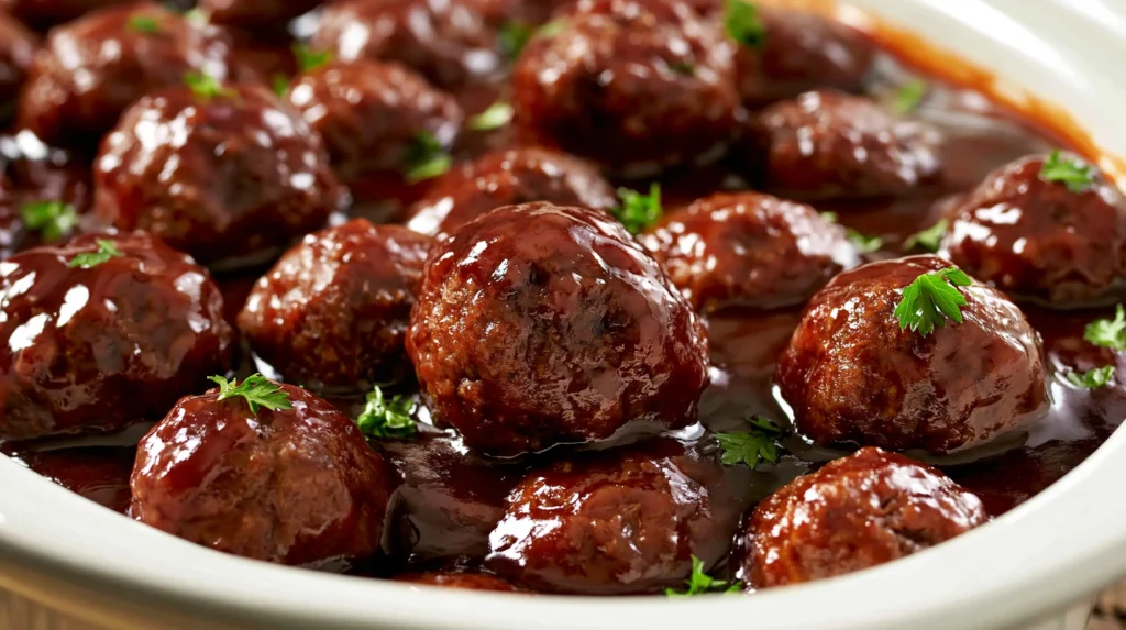 Glossy brown meatballs in rich sauce topped with fresh parsley in a white bowl