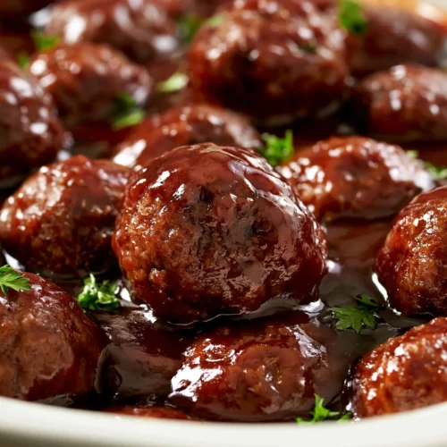 Glossy brown meatballs in rich sauce topped with fresh parsley in a white bowl