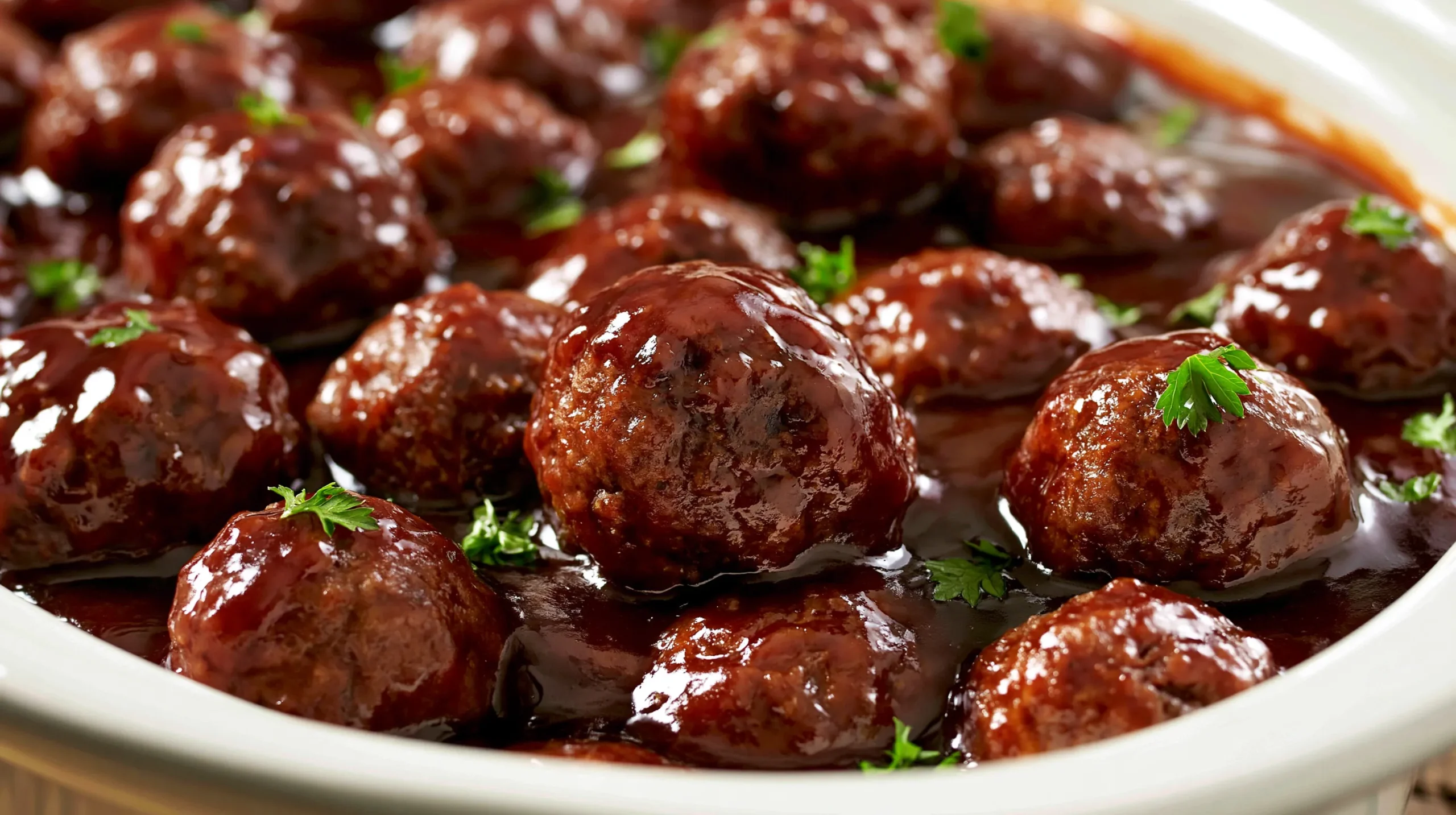 Glossy brown meatballs in rich sauce topped with fresh parsley in a white bowl