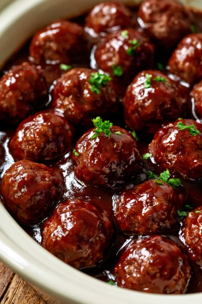 Glossy brown meatballs glazed in sticky sauce, garnished with fresh parsley in a white bowl