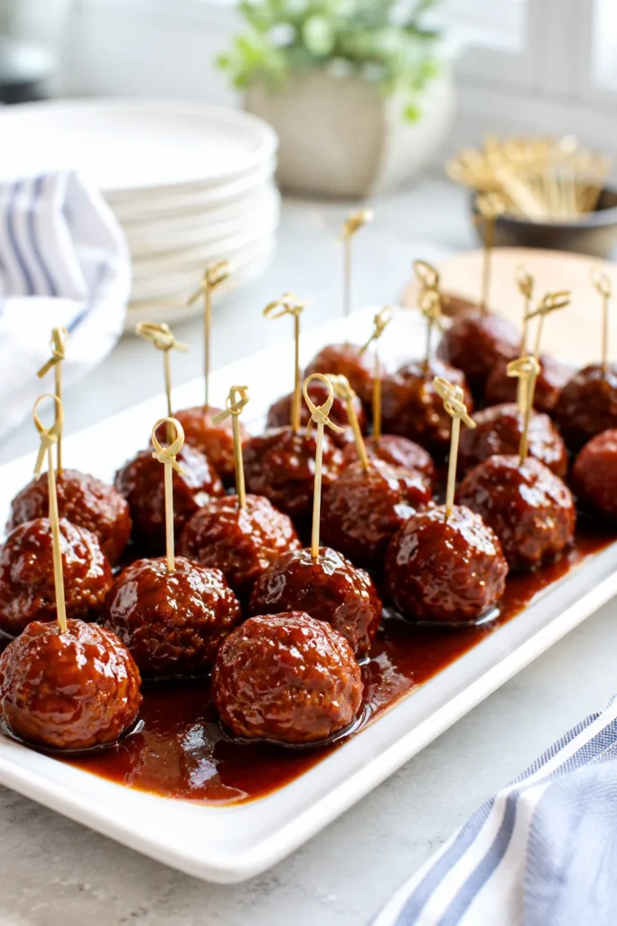 Glazed meatballs with gold toothpicks on a white platter, surrounded by stacked plates and a potted plant