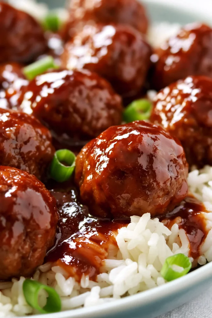 Glossy brown meatballs glazed in sticky sauce served over white rice with green onion garnish on a white plate