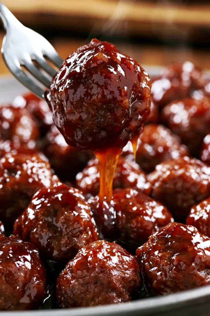 Fork lifting a glossy dark brown meatball covered in sticky sweet sauce, with more sauce-coated meatballs blurred in background on white plate