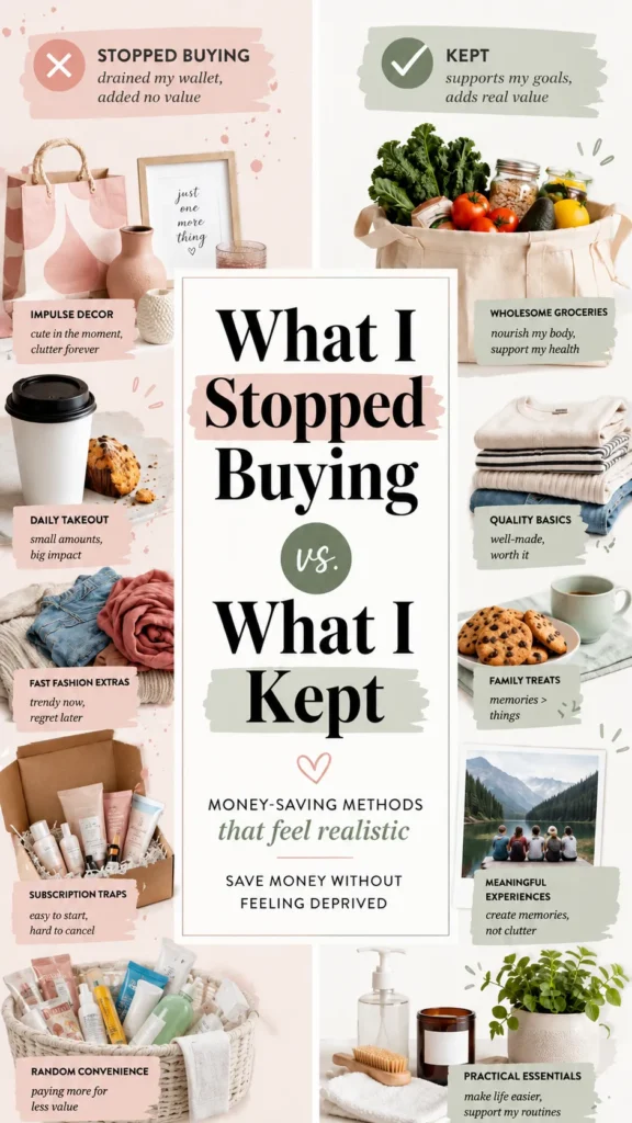 Infographic comparing habits stopped versus kept, featuring pink and green sections with photos of impulse purchases crossed out and meaningful alternatives kept, centered with title "What I Stopped Buying vs. What I Kept