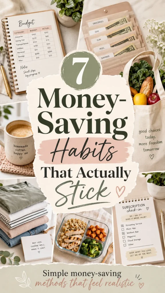 Flat lay of budget planning notebooks, expense tracker, meal prep containers, coffee mug, and plants arranged on white surface with title "7 Money-Saving Habits That Actually Stick