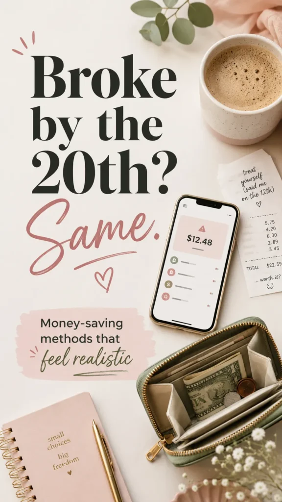 Flat lay with coffee cup, phone showing $12.48 budget app, open wallet with cash, pink notebook, and eucalyptus sprigs on cream background with "Broke by the 20th? Same" text overlay
