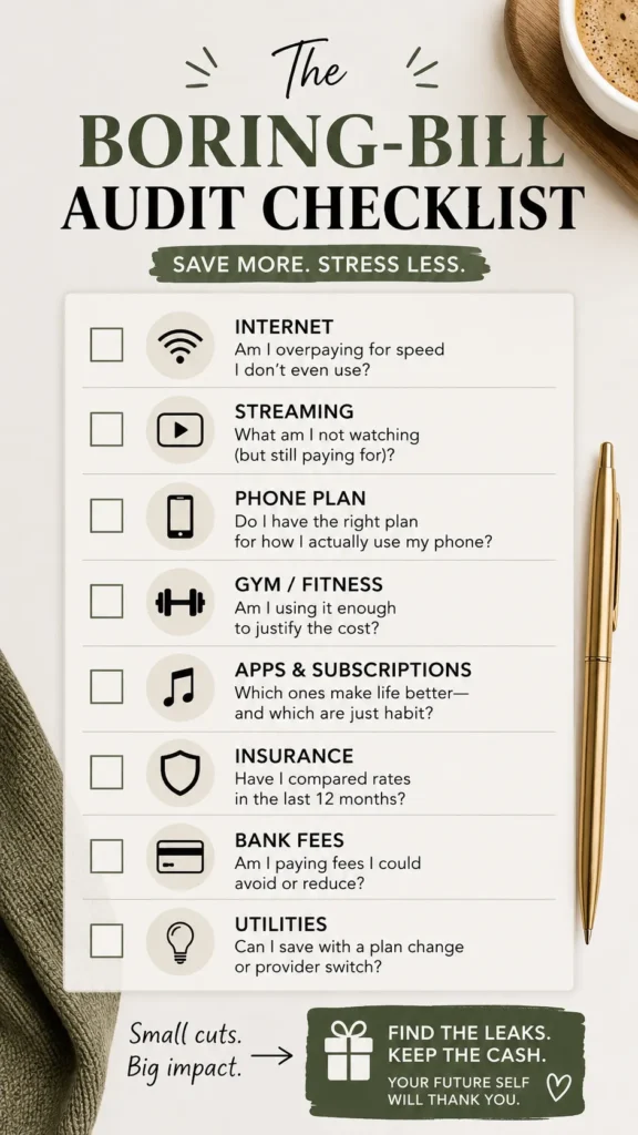 Checklist of recurring bills to audit including internet, streaming, phone plan, gym, apps, insurance, bank fees, and utilities with checkboxes and money-saving prompts
