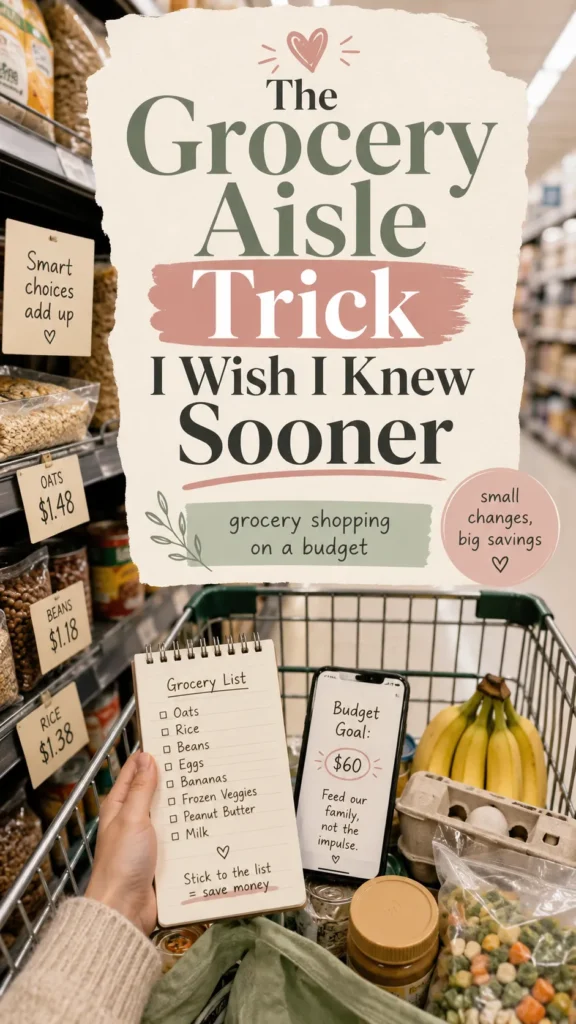 Shopping cart with grocery list notebook and budget goal card displaying money-saving tips among store shelves stocked with affordable items like oats and beans