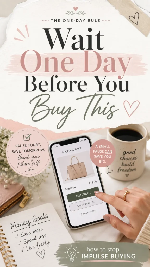Smartphone displaying shopping cart with handbag, surrounded by money goals notepad, coffee mug, and wallet on white surface with "Wait One Day Before You Buy This" text overlay about impulse buying