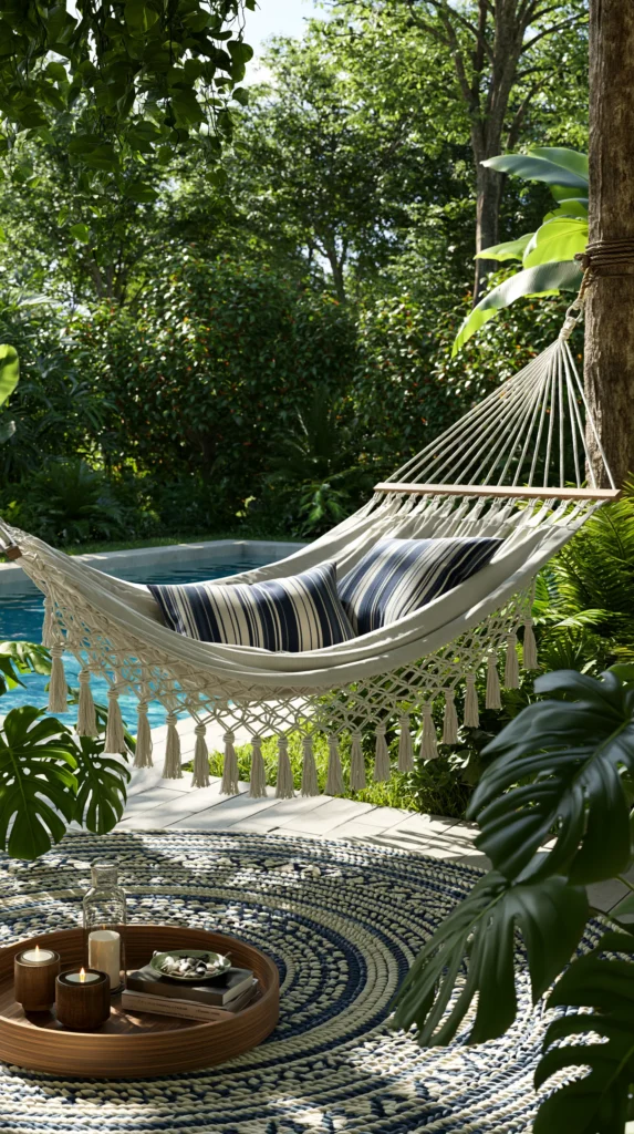 outdoor hammock near a pool, between trees