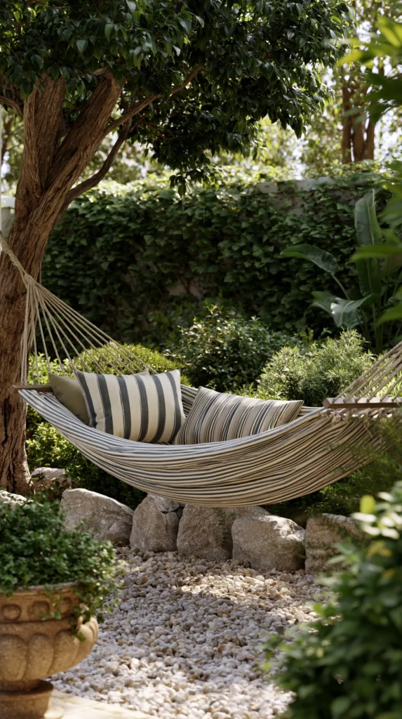 hammock between two trees in the outside of a home