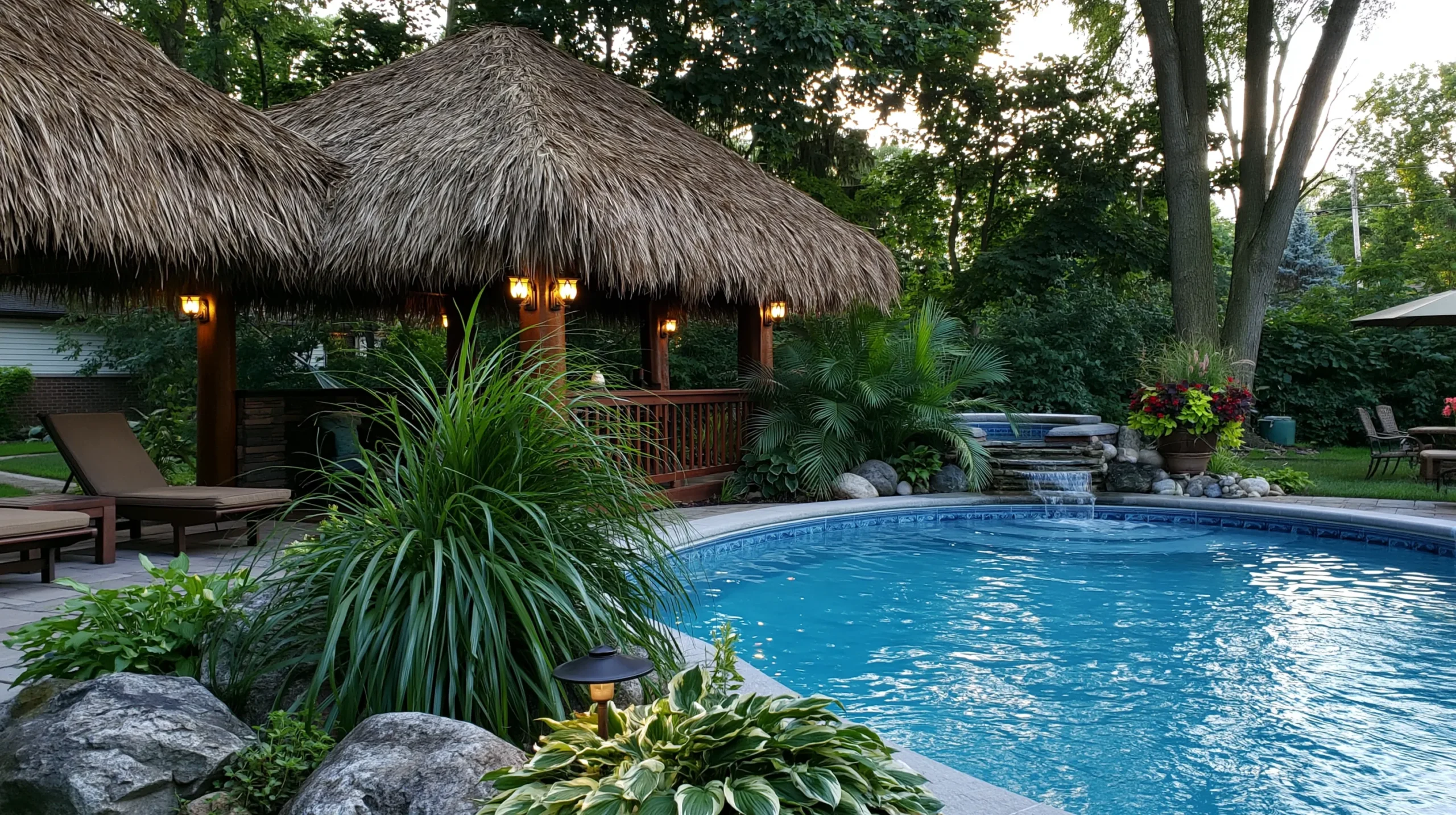 outdoor pool with a tiki hut