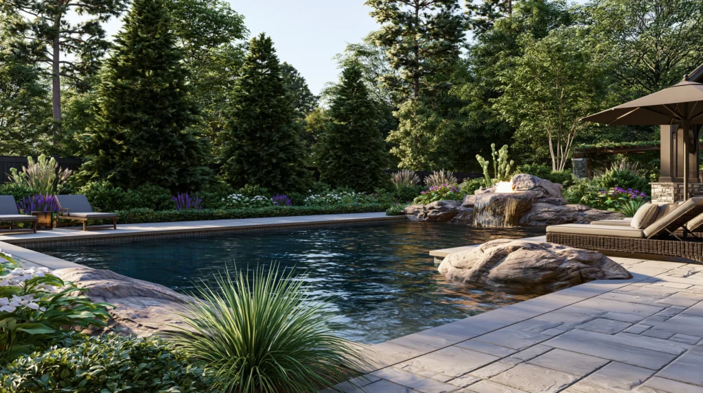 lush outdoor screen with pool and greens