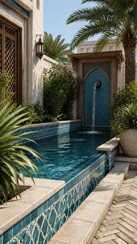 small infinity pool, water fountain, trees