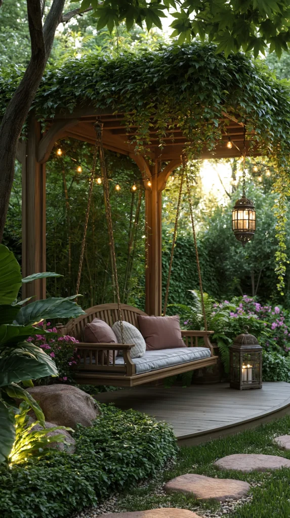 swing covered by a wooden frame outdoors