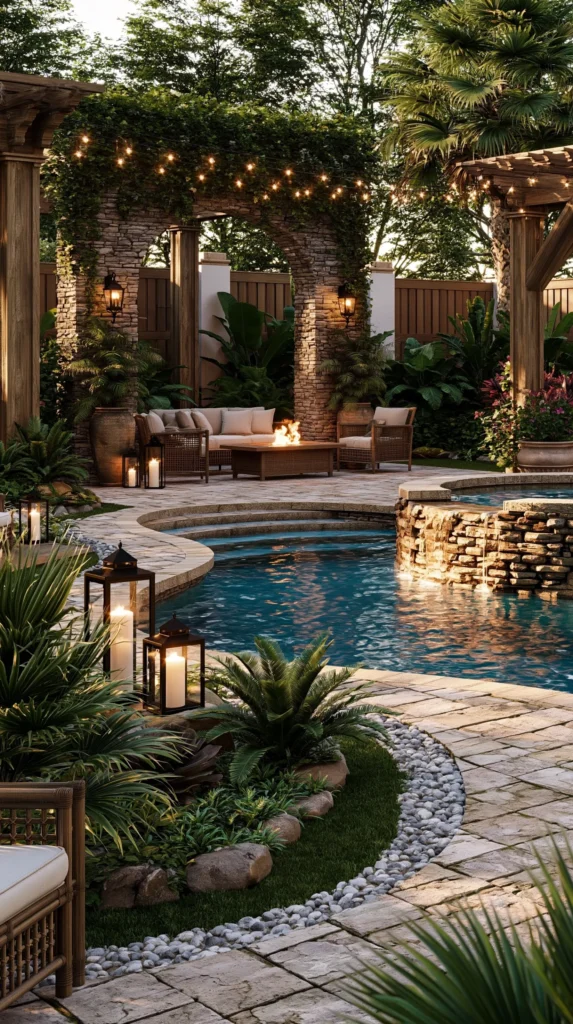 outdoor living space, pool, lush greenery