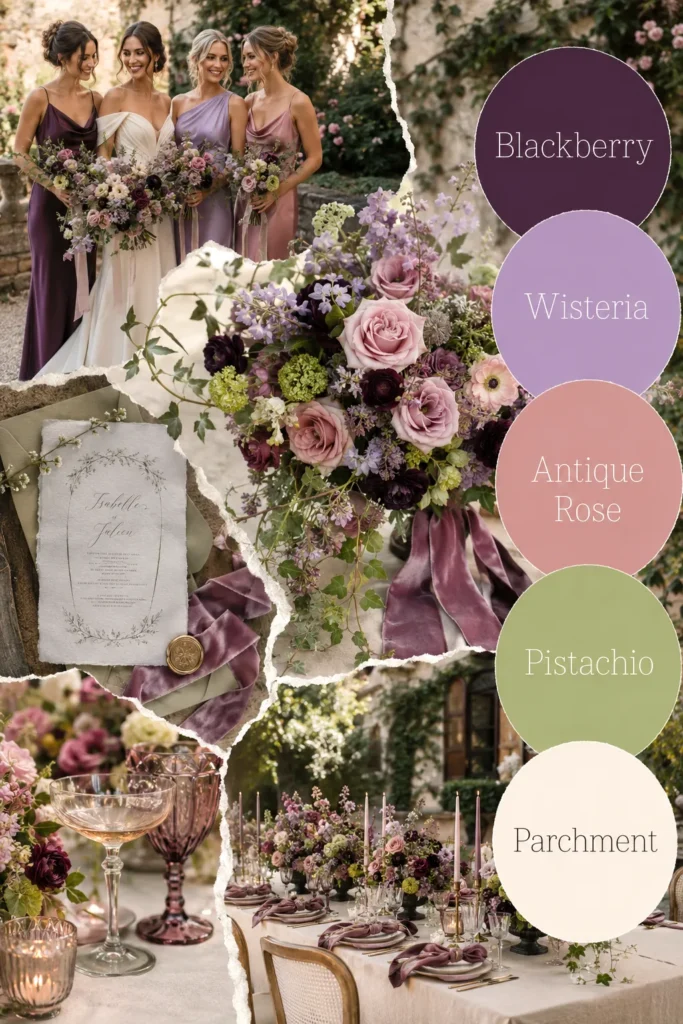 Four bridesmaids in dusty purple and mauve dresses holding romantic floral bouquets beside a styled wedding table with labeled color palette circles showing blackberry, wisteria, antique rose, pistachio, and parchment
