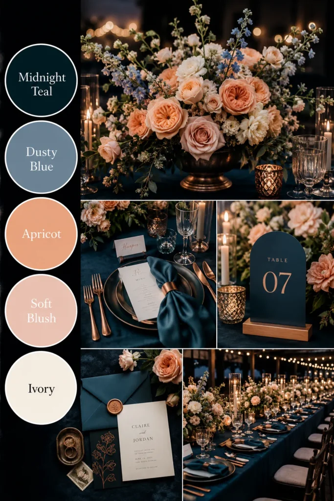 Elegant wedding color palette featuring midnight teal, dusty blue, apricot, soft blush, and ivory with floral centerpieces, place settings, and tablescape details