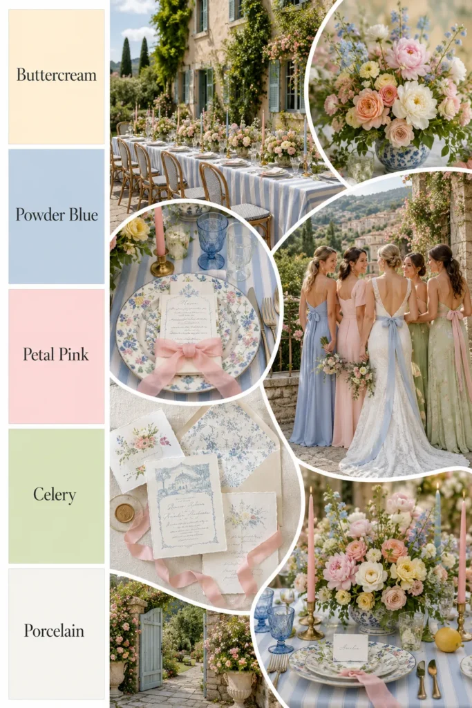 Tuscan wedding color palette featuring buttercream, powder blue, petal pink, celery, and porcelain with elegant tablescape and floral details