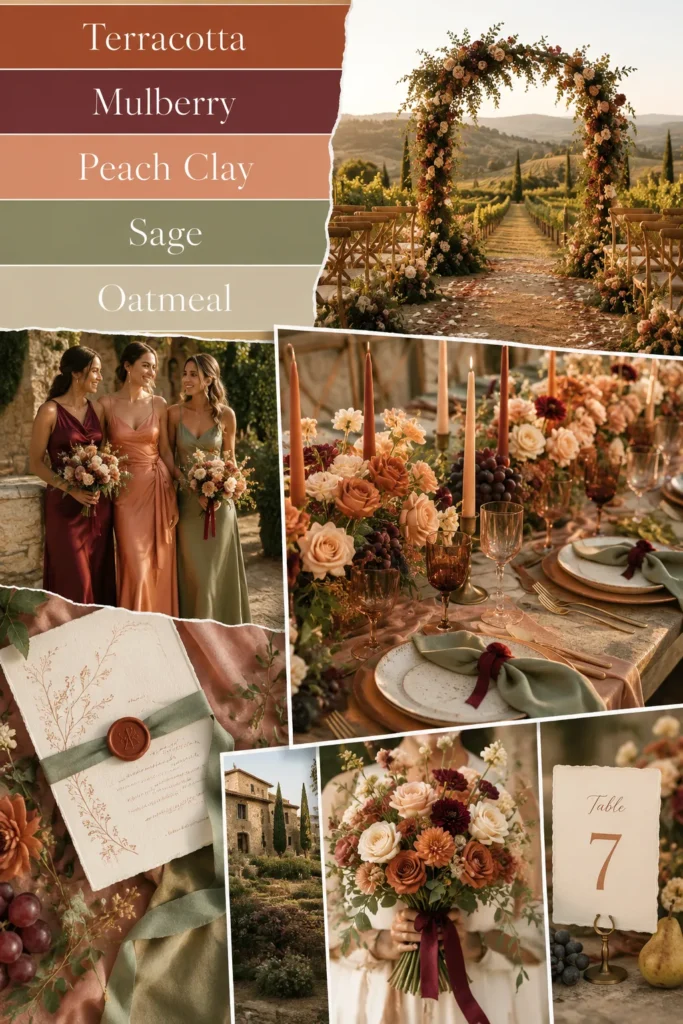 Tuscan wedding color palette showing terracotta, mulberry, peach clay, sage, and oatmeal tones across vineyard ceremony arch, bridesmaid dresses, table settings with rose arrangements, and stationery details